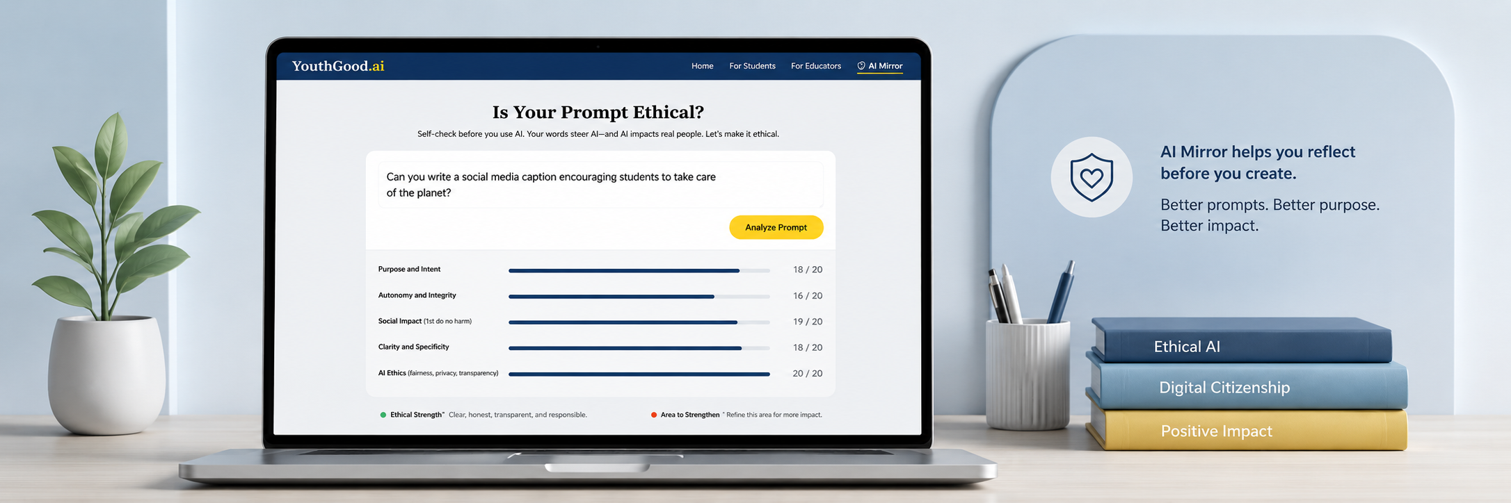 AI Mirror on a laptop: Is Your Prompt Ethical? — with ethics scores across purpose, autonomy, social impact, clarity, and AI ethics