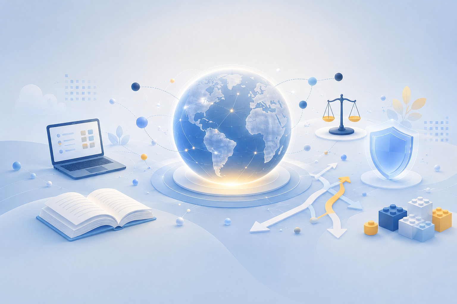 Illustration of a glowing globe with connected nodes, surrounded by a laptop, open book, scales of justice, shield, and building blocks